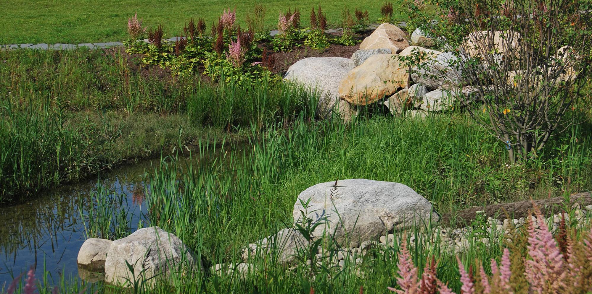 Stormwater feature at the 罗德岛大学 (URI) Center for Biotechnology and 生命科学 (CBLS)